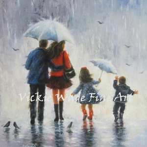 Rain Family Art Print, brother sister, girl and boy, mom and dad, mother, father, walking, rain, umbrella, painting, happy familyVickie Wade image 1