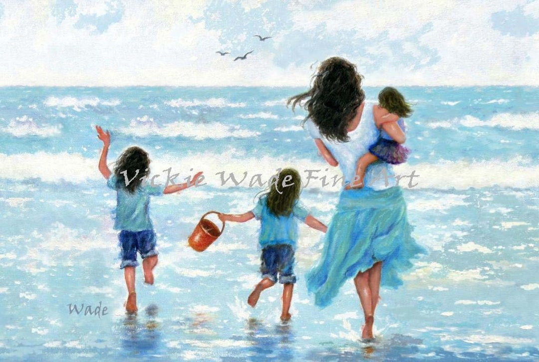オーシャンママ‼︎ Beach Mother and Three Daughters Art Print: Ocean Scene - Etsy