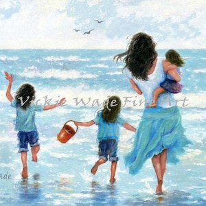 Beach Mother Three Daughters Art Print, three sisters, three girls, playing in ocean, three girls angel boy beach mom, Vickie Wade Art