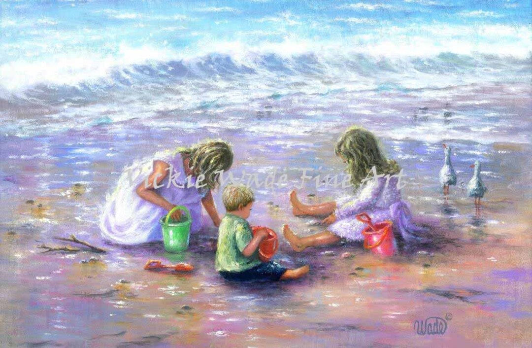 ドイツ　 貝細工　立体絵画　 男の子と女の子 ビーチの子供たちのアートプリント：二人の姉妹、貝殻拾いの弟 - Etsy 日本