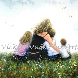 Mother Daughter Two Sons Art Print, mother hugging three children, girl and two boys, sister and two little brothers, blondes, Vickie Wade