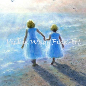 Two Beach Sisters Art Print, two girls beach children ocean paintings two sisters beach wall decor, painting, heavenly, Vickie Wade art image 3