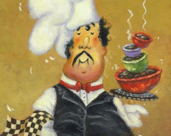 Chef Art Print, fat chef kitchen art, chef paintings, chef prints, cuisine, food, whimsical, silly, chefs, four bowl chef, Vickie Wade Art