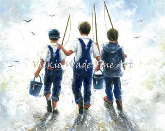 Three Boys Fishing Art Print, three brothers, my three sons, going fishing, navy blue, farm boys overalls, fishing poles, Vickie Wade