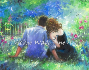 Garden Lovers Art Print, loving couple, paintings, anniversary gift, couples love, redhead, romantic, blue green wall art, Vickie Wade Art
