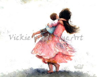 Two Children Twirling Art Print, big sister little brother, sister carrying brother, daughter and son, two kids playing, Vickie Wade Art