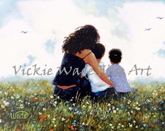 African American Mother Son and Daughter Art Print, mother hugging, curly haired mom, mum, mommy wall art, boy and girl, Vickie Wade Art