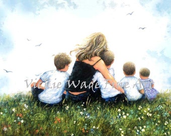 Mother Three Sons and Baby Daughter Art Print, four children, three boys one girl, four kids, mom, mum, sitting in meadow, Vickie Wade Art