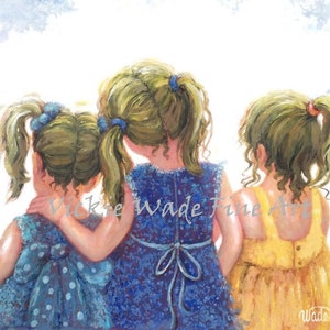 Three Sisters Black Hair Art Print, three girls sister blue wall art, sister gift, black haired sisters painting, Vickie Wade art image 2