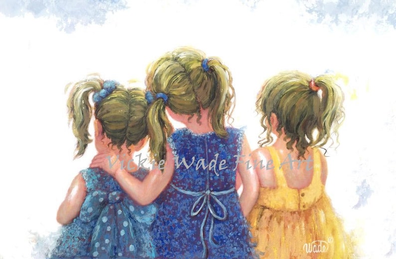 Three Sisters Black Hair Art Print, three girls sister blue wall art, sister gift, black haired sisters painting, Vickie Wade art image 2