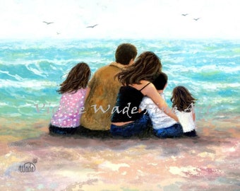 Beach Family Three Children, mom dad daughter son daughter, three beach kids, watching waves, two daughters one son, Vickie Wade Art