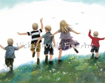 Vijf kinderen Leaping Art Print, vier jongens, één meisje, vier zonen, één dochter, vijf kleinkinderen die buiten spelen, Vickie Wade Art