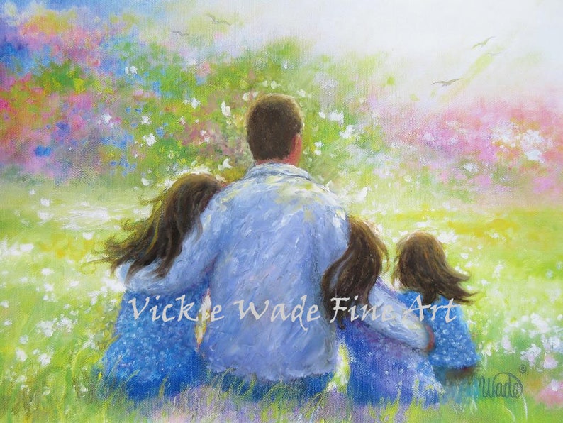 Father Three Daughters Art Print, three sisters, three girls paintings, dad three daughters, father paintings, twins, dad, Vickie Wade art image 1