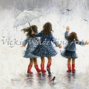 Three Sisters Rain Art Print, three girls paintings, three rain sisters, sisters paintings, girls room art, three daughters, Vickie Wade Art image 1