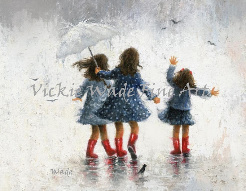 Three Sisters Rain Art Print, three girls paintings, three rain sisters, sisters paintings, girls room art, three daughters, Vickie Wade Art image 1