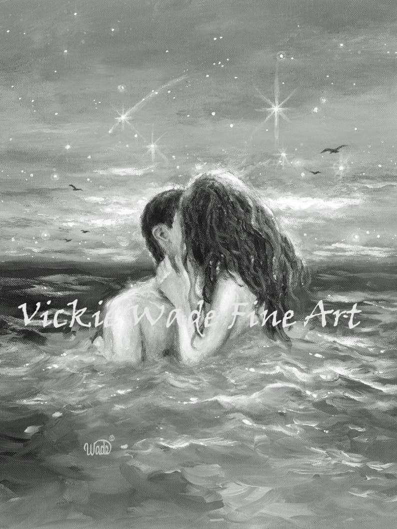 Girl in Sea Art Print, couple kissing in water, aqua, sexy lovers, beach decor, love, teal wall art, skinny dipping, romantic wall art image 3