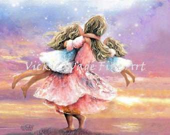 May include: A painting of a woman holding two young girls in her arms. The woman is wearing a pink dress and the girls are wearing white dresses. The background is a colorful sunset with stars.