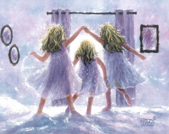 May include: Three young girls in lavender dresses are jumping on a bed, with their arms raised in the air. The girls are in a bedroom with a window and curtains in the background.