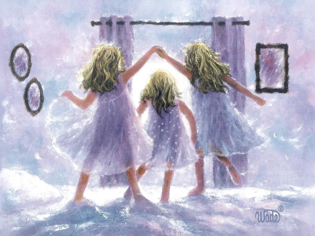 三姉妹のアートプリント：ベッドでジャンプする金髪の女の子たち