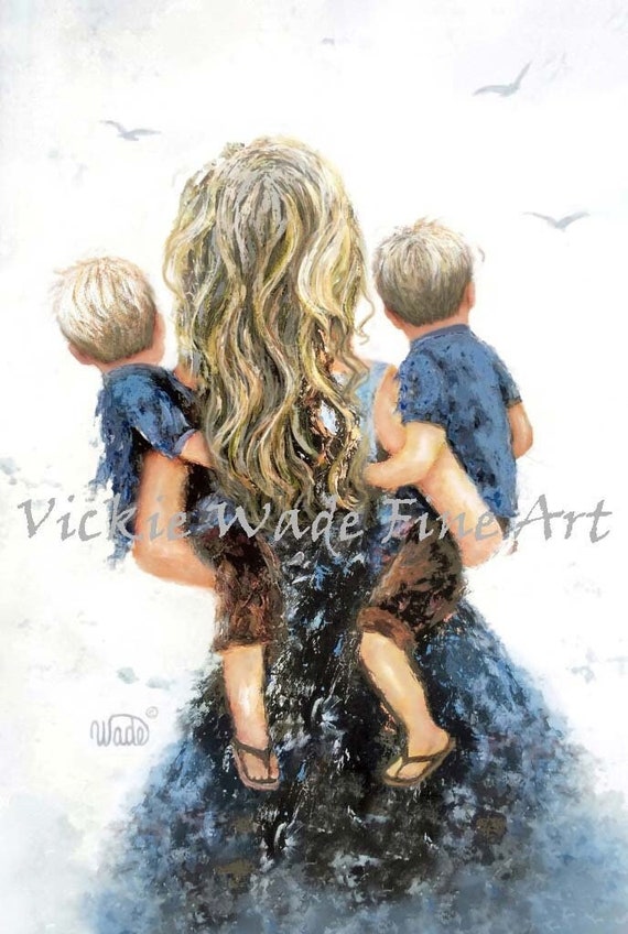 Mother Twin Sons Art Print, Blondes, Twin Boys, Twin Blonde Boys
