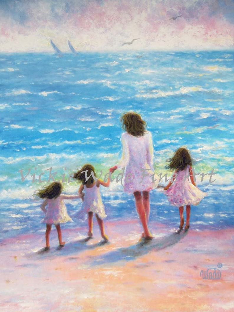 Mother and Three Daughters Beach Art Print, mom, three girls, beach sisters, three sisters, mother's day gift, loving mom, Vickie Wade Art image 5