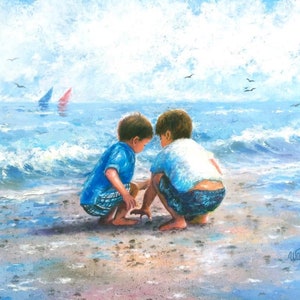 Two Boys Beach Art Print: Finding Seashells, Blue Coastal Decor by Vickie Wade