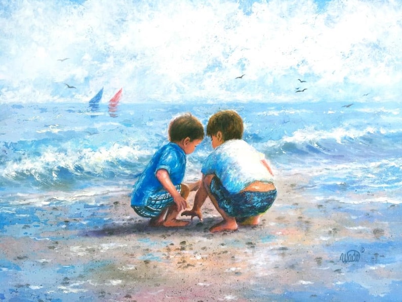 Two Beach Boys Art Print, two brothers beach, beach wall art, art, little boys room, two boys blue wall art, beach painting, Vickie Wade art image 1