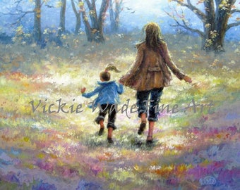 Mother and Daughter Walk Art Print, daughter, girl, mom and daughter walking, painting, art, mother's day gift art, Vickie Wade art