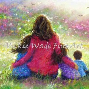 Mother Three Children Art Print, mom hugging two daughters and son, two sisters and brother, two girls and boy, flower garden, Vickie Wade