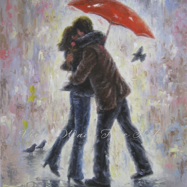 Kiss in the Rain Art Print, lovers, kissing, red umbrella, rain, couple, hugging, love art, romance, romantic, Valentine's Day art