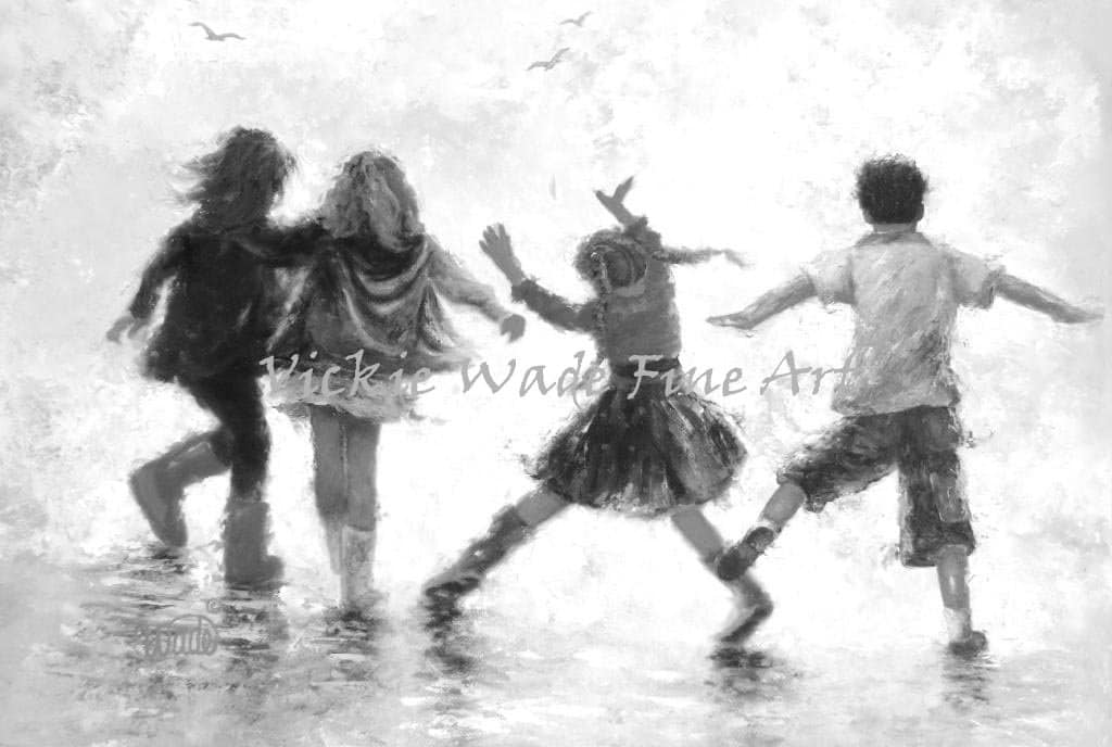 Three Girls and Boy Art Print: Children Playing, Vickie Wade Art