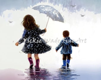 Sister Brother Art Print blonde big sister little brother rain walk boy and girl walk in the rain, daughter and little son, Vickie Wade Art