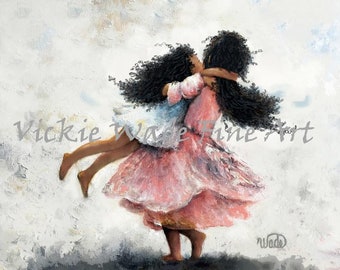 African American Two Sisters Twirling Art Print, two black girls, two black sisters, two black daughters, black curly hair sisters, Wade Art