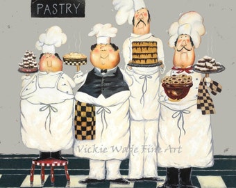 Fat Chefs Art Print, chef paintings, art, kitchen art wall decor, waiters, cooks, four TALL pastry chefs, gray kitchen art, Vickie Wade art