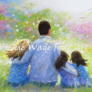 Father Three Daughters Art Print, three sisters, three girls paintings, dad three daughters, father paintings, twins, dad, Vickie Wade art image 4