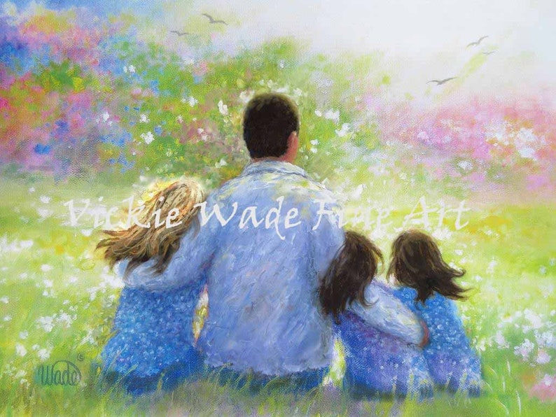 Father Three Daughters Art Print, three sisters, three girls paintings, dad three daughters, father paintings, twins, dad, Vickie Wade art image 4