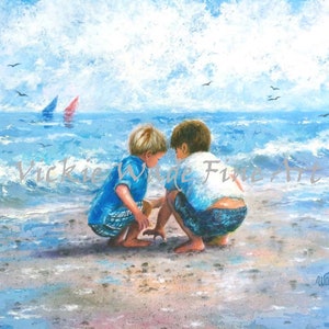 Two Beach Boys Art Print, two brothers beach, blonde and brunette beach boys, beach wall art, art, little boys room, Vickie Wade art image 1