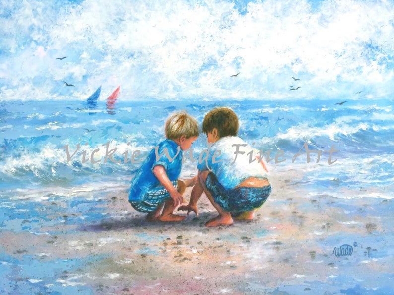 Two Beach Boys Art Print, two brothers beach, blonde and brunette beach boys, beach wall art, art, little boys room, Vickie Wade art image 1