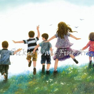 Five Children Leaping Art Print: Kids Playing Outdoors