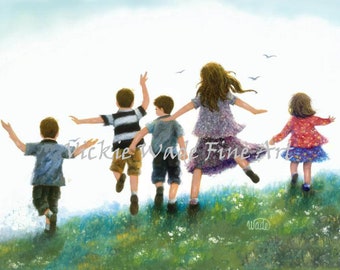 Five Children Leaping Art Print, five kids playing outdoors, two girls three boys playing in grass, running in country, Vickie Wade Art