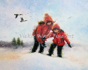 Two Sisters Snow Art Print, sister art, sister and brother snow painting, snow children, sister gift, red coats, Vickie Wade Paintings