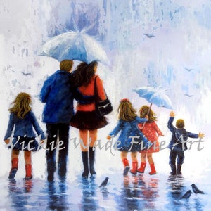 Rain Family Three Daughters and Son Art Print, Family mom, dad, three sisters and brother, walking in rain, three girls and boy, Vickie Wade image 1