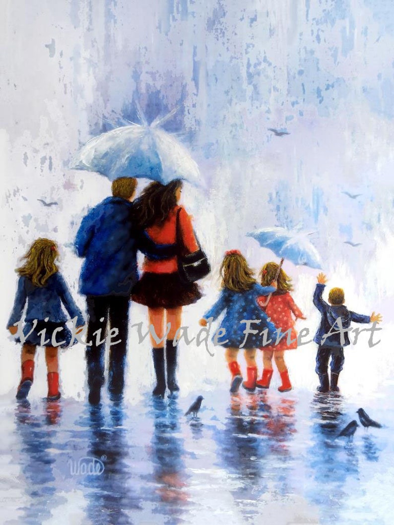 Rain Family Three Daughters and Son Art Print, Family mom, dad, three sisters and brother, walking in rain, three girls and boy, Vickie Wade image 1