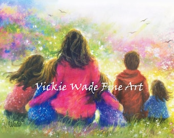 Mother Four Daughters and Son Art Print, four sisters and brother, mother's day gift, four girls and boy, five children art, Vickie Wade Art