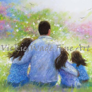 Father Three Daughters Art Print, three sisters, three girls paintings, dad three daughters, father paintings, twins, dad, Vickie Wade art image 2