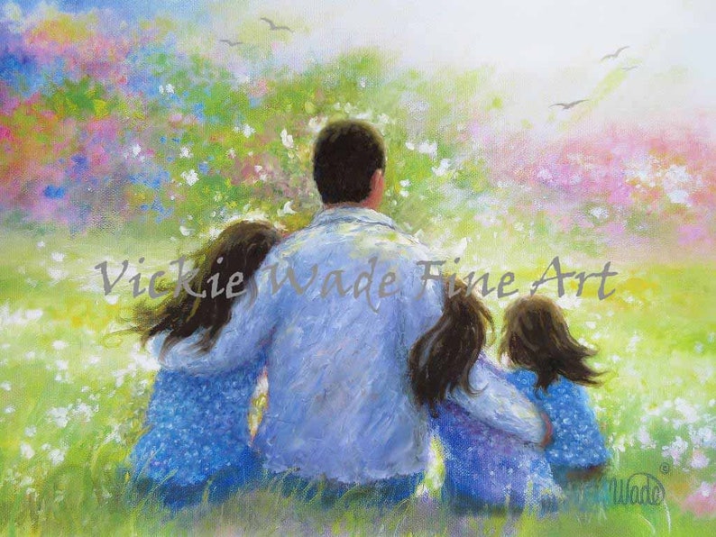 Father Three Daughters Art Print, three sisters, three girls paintings, dad three daughters, father paintings, twins, dad, Vickie Wade art image 2