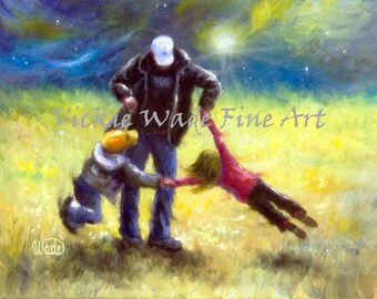 Father Son Daughter Art Print, Dad playing with kids, art, brother sister, dad spinning son and daughter, twirling kids, Vickie Wade art