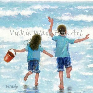May include: A painting of two children, a girl and a boy, running towards the ocean. The girl is holding a red bucket. The sky is blue with white clouds. The water is blue and green. The painting is signed "Wade Fine Art".