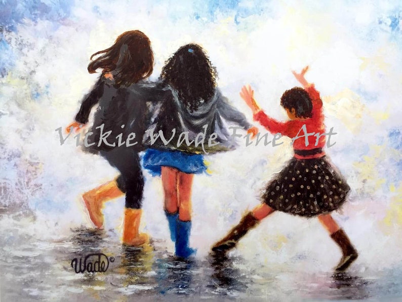 Three Sisters Art Print, three girls wall art, three girlfriends, three daughters, happy feet painting, Vickie Wade art image 3