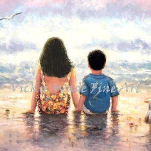 Sister Brother Beach Art Print, niño y niña, hermano pequeño hermana mayor, morenas, niños rubios de la playa, hispanos, latinos, Vickie Wade Art